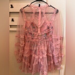 Rosevelvet Pink Floral Tulle Ruffle Mini Dress | Cottagecore NWT- M
